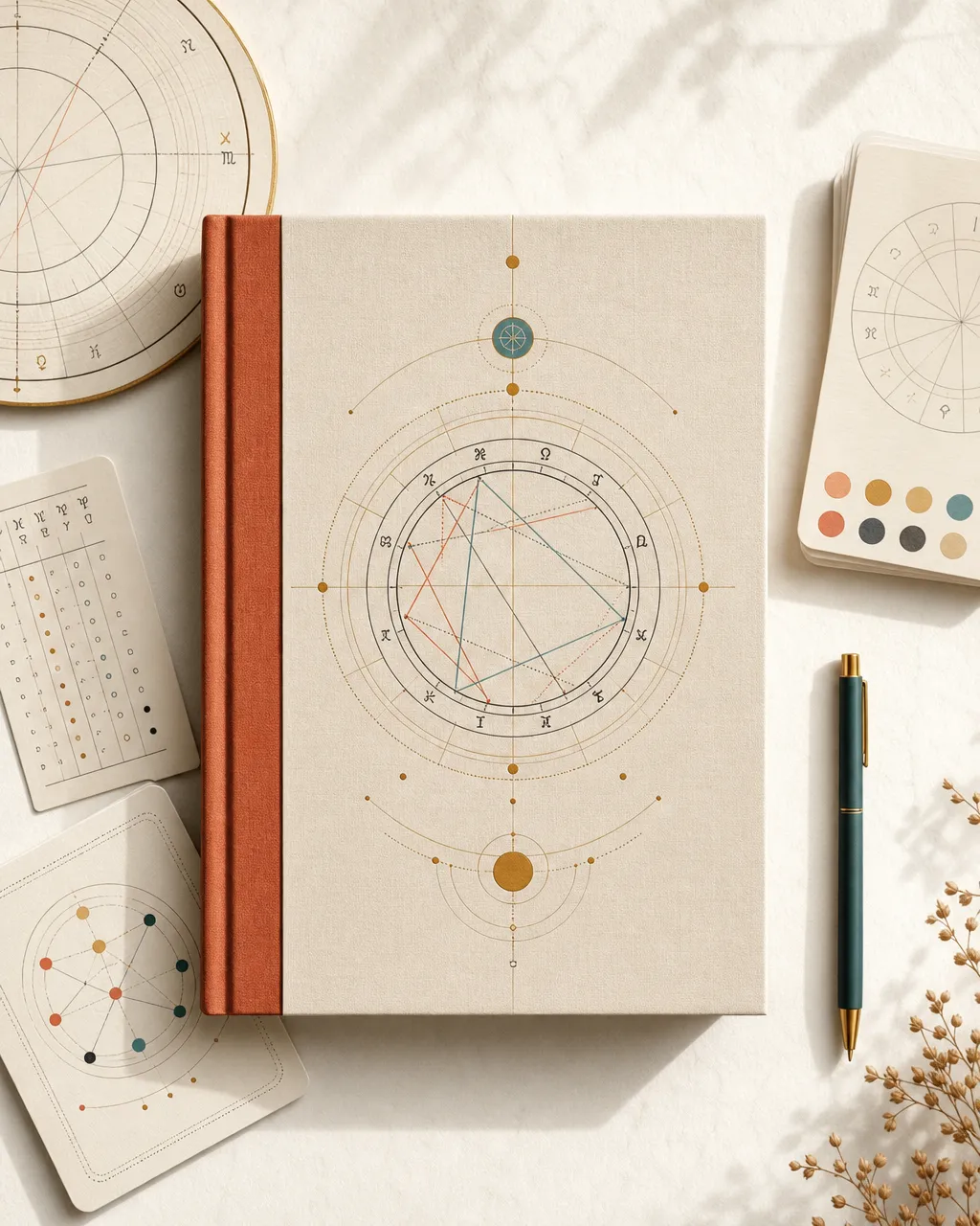 Illustrated horary workbook with chart diagrams, symbolic grids, and astrology tools