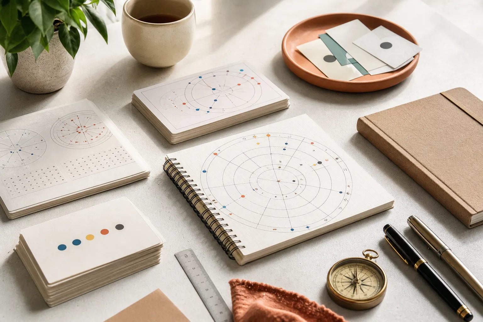 KP Horary study materials arranged in a bright editorial flat lay