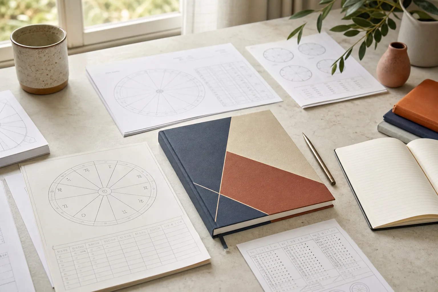 KP Astrology study materials arranged in a bright editorial flat lay