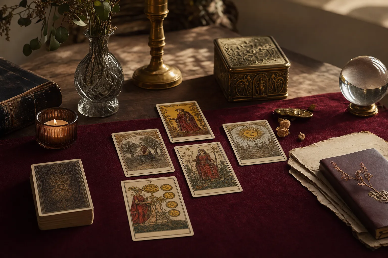 Editorial tarot reading table with cards, journal, candlelight, and warm burgundy cloth