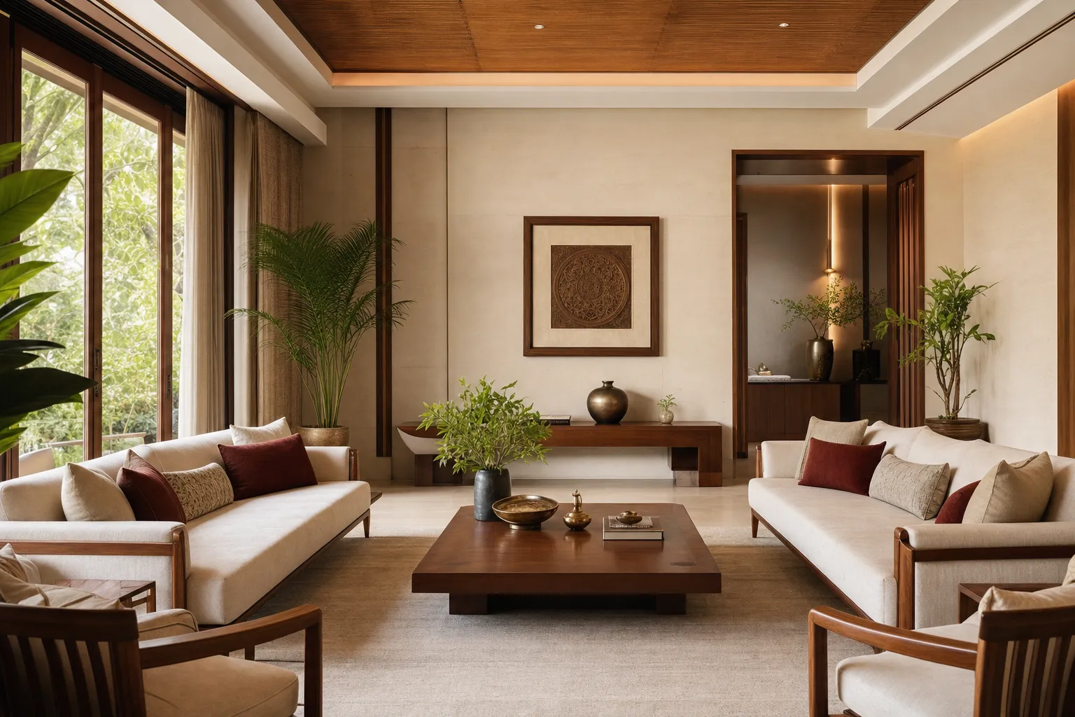 Elegant Vastu-inspired living room with balanced layout, warm wood tones, and natural light