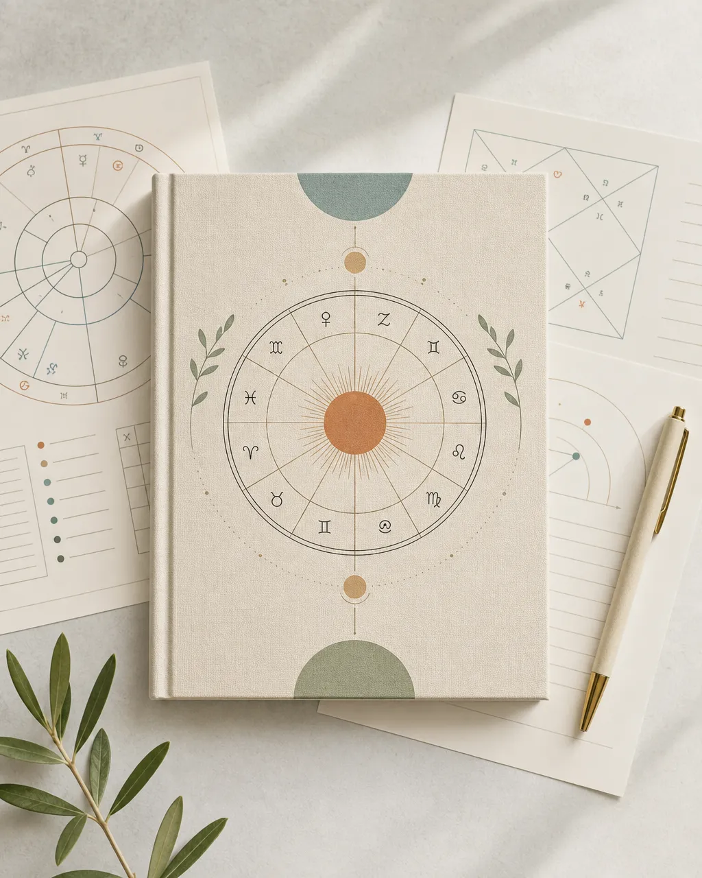Illustrated beginner astrology workbook with planet symbols, chart pages, and study cards