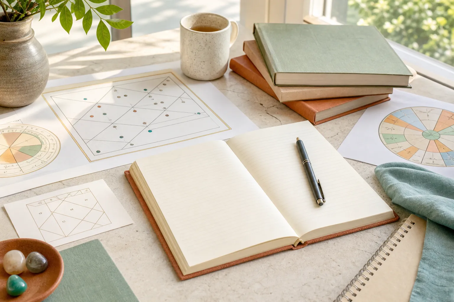 Vedic astrology study materials arranged on a bright editorial desk